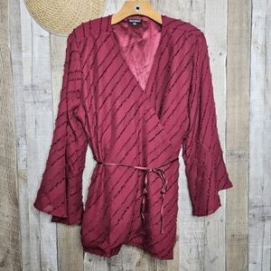 Dear John Rosalyn Wrap Blouse Brick Red V-neck Bell Sleeve Eyelash Top Size XL